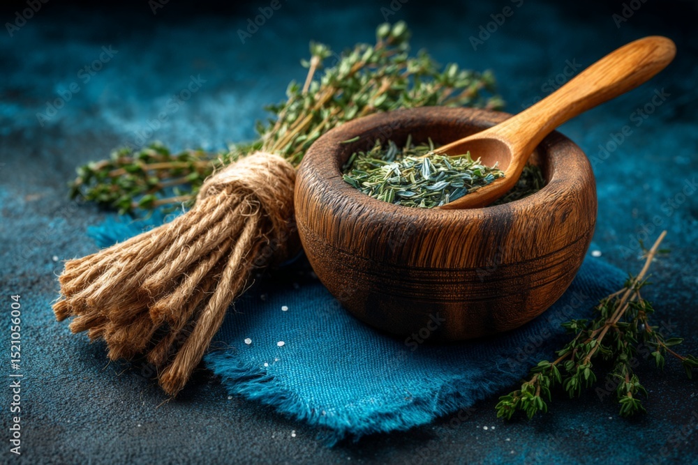 Aufkleber fresh herbs and dried thyme in a wooden bowl on a blue cloth background with a bundle of thyme nearb