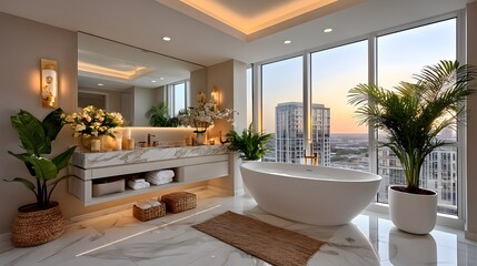 Modern luxury bathroom with glowing mirror lights and flowers high resolution image