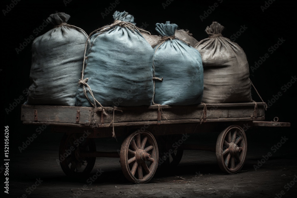 Poster vintage wooden cart loaded with burlap sacks in a dimly lit setting showcasing rustic charm and hist