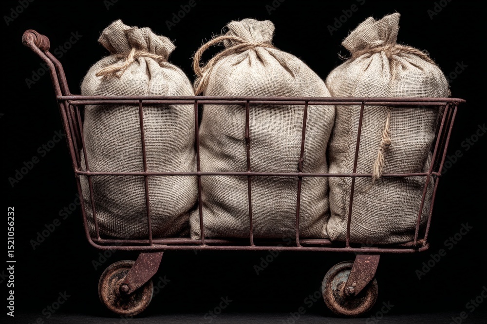 Aufkleber Burlap sacks in a vintage cart set against a black background create a rustic and intriguing atmosphere