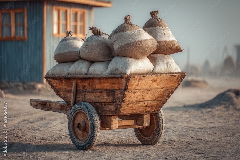 Poster wooden cart loaded with burlap sacks in a desolate outdoor setting near a rustic building at dusk
