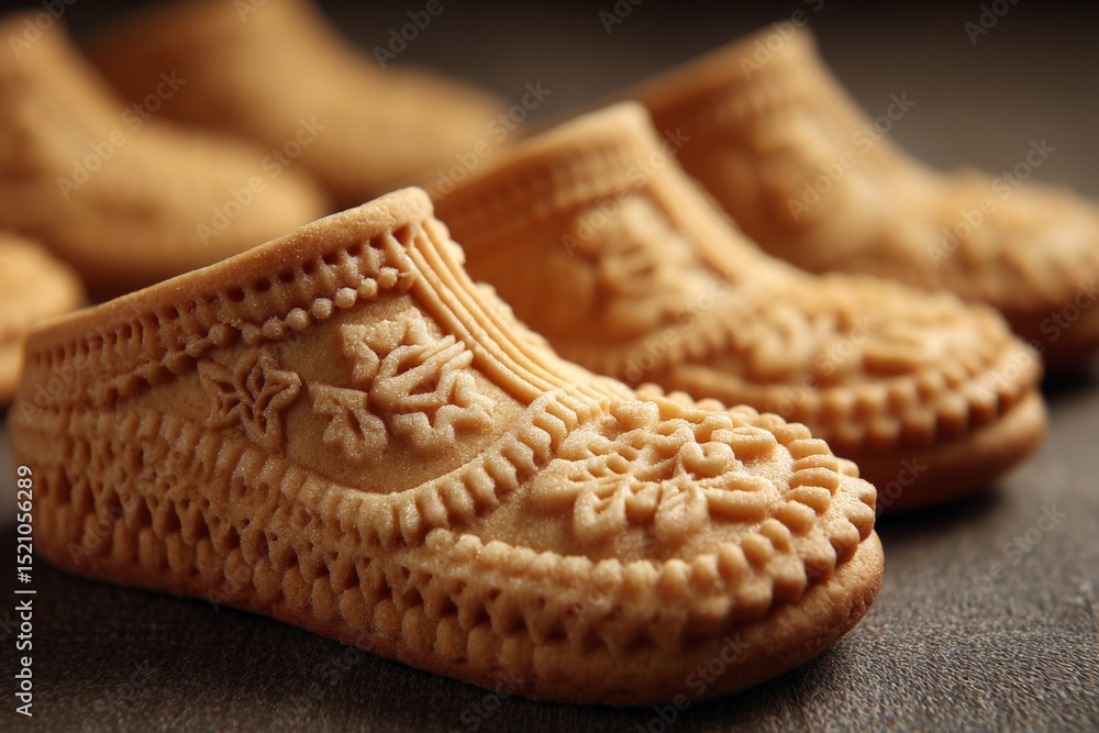Poster traditional cookie shaped like tiny shoes on a textured surface showcasing intricate designs and cra