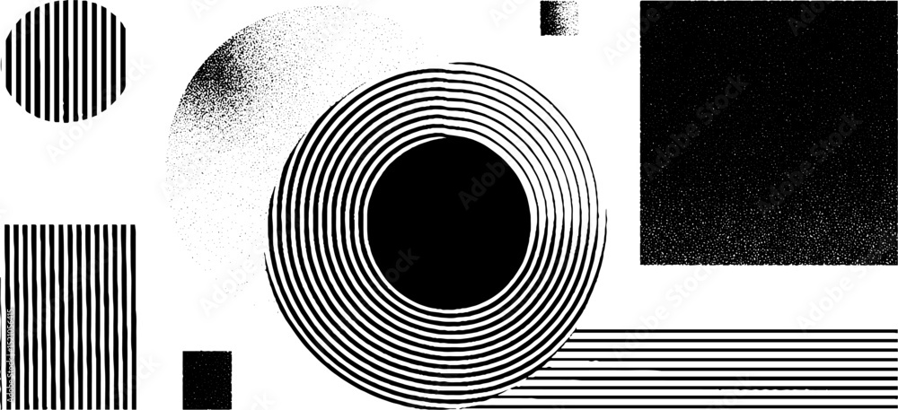 Poster abstract geometric engraved designs with squares and circular patterns for creative projects