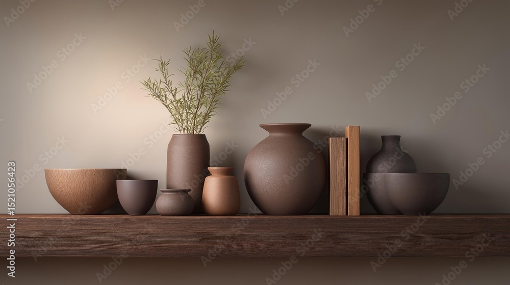 Poster wooden shelf with a collection of decorative items on it. on the left side of the shelf, there is a 