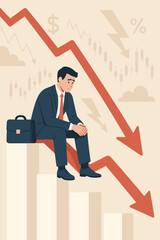 Economic downturn concept illustration. Sad businessman facing financial crisis, recession, stock market crash. Declining red arrow graph illustrating investment loss, business failure, unemployment.