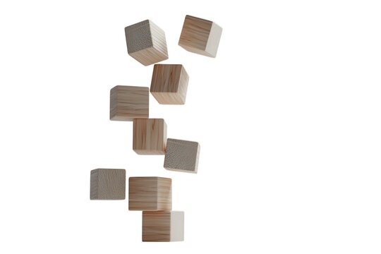Nine wooden cubes falling in a pattern isolated on transparent background