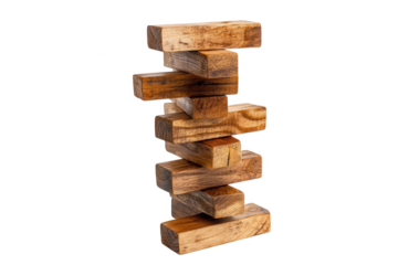 Stacked wooden blocks jenga game pieces isolated on transparent background