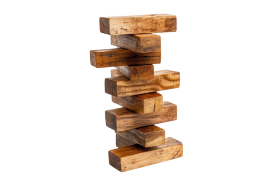 Stacked wooden blocks jenga game pieces isolated on transparent background