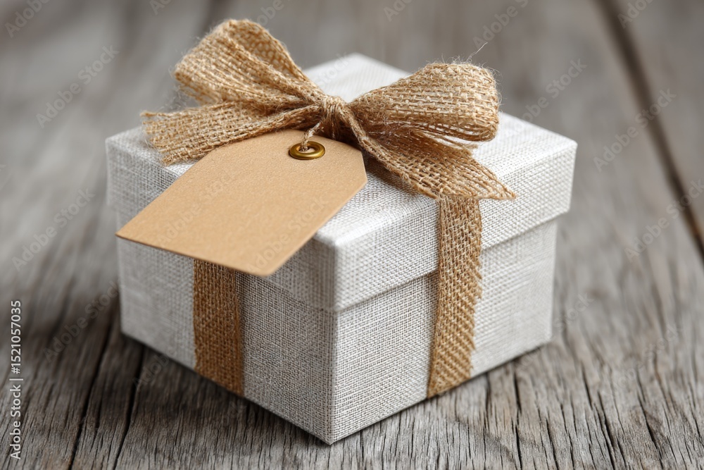 Poster gift box with burlap ribbon and tag on rustic wooden table