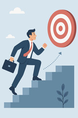Ambitious businessman climbing career ladder stairs towards success target. Concept of goal achievement, professional growth, motivation, strategy, and business development. Vector.