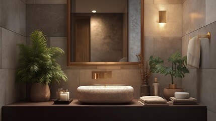 Modern bathroom with a minimalist design. the walls are covered in beige tiles and there is a large mirror above the sink.