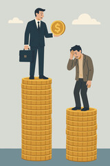 Businessman and worried man standing on unequal piles of gold coins with dollar symbol, concept of economic inequality, financial disparity, wealth gap, business finance illustration