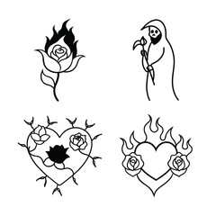 A set of four distinct tattoo designs, featuring roses, flames, hearts, and a grim reaper figure