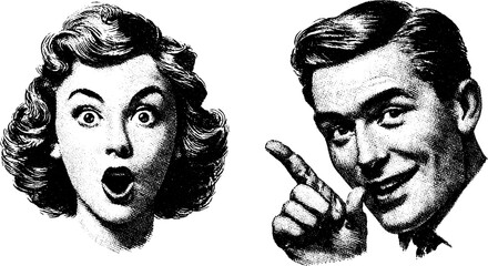Retro engraved illustration set of surprised woman and smiling man faces for vintage design