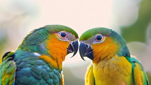 Two colorful parakeets share a moment of affection on a branch in soft sunligh