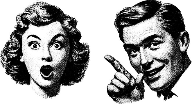 Fototapeta Retro engraved illustration set of surprised woman and smiling man faces for vintage design