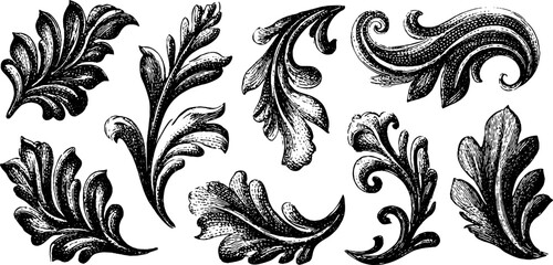 Intricate engraved swirling paisley leaf designs for artistic decoration and print
