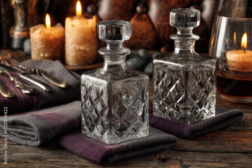 Poster elegant glass decanters on a rustic table with candles and silverware in a cozy evening setting