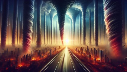 A tornado alley lined with funnel clouds pillars of chaos ascend