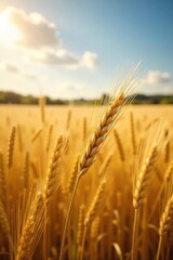 Fototapeta premium Golden barley stalks sway gently in a vast wheatfield under a summer sun The ripe grain heads are heavy, promising a bountiful harvest A picturesque rural landscape scene , crop, cereal