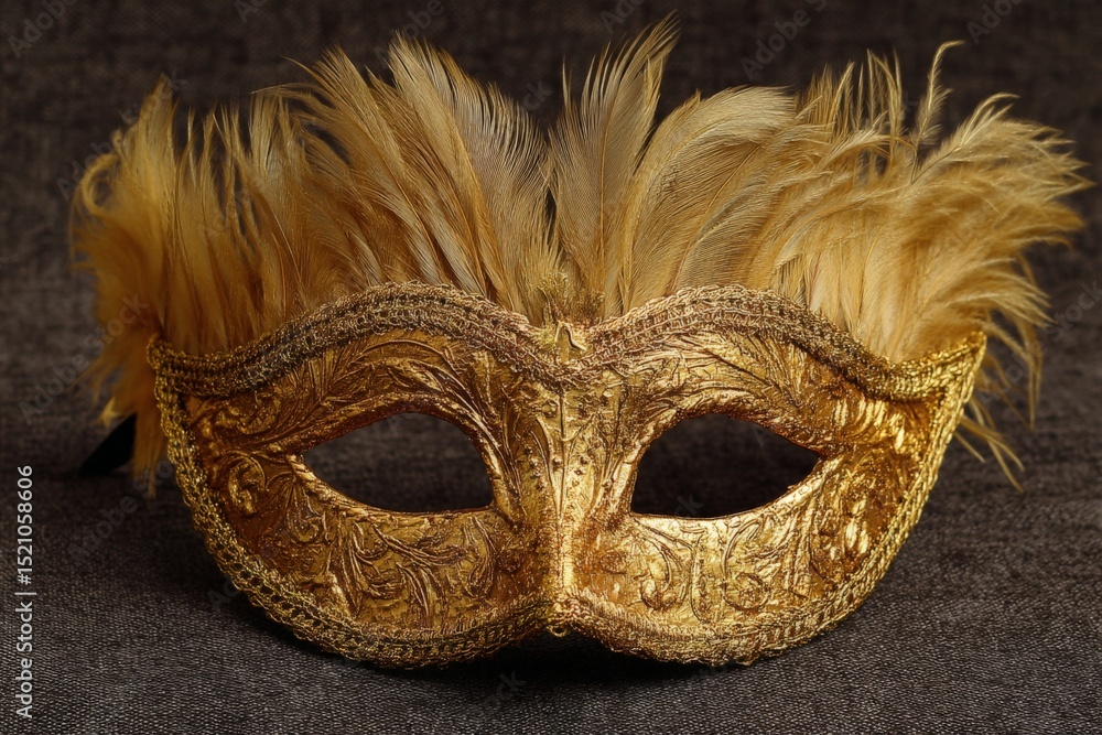 Aufkleber elegant golden masquerade mask with feathers displayed on a dark surface for a festive event or cele