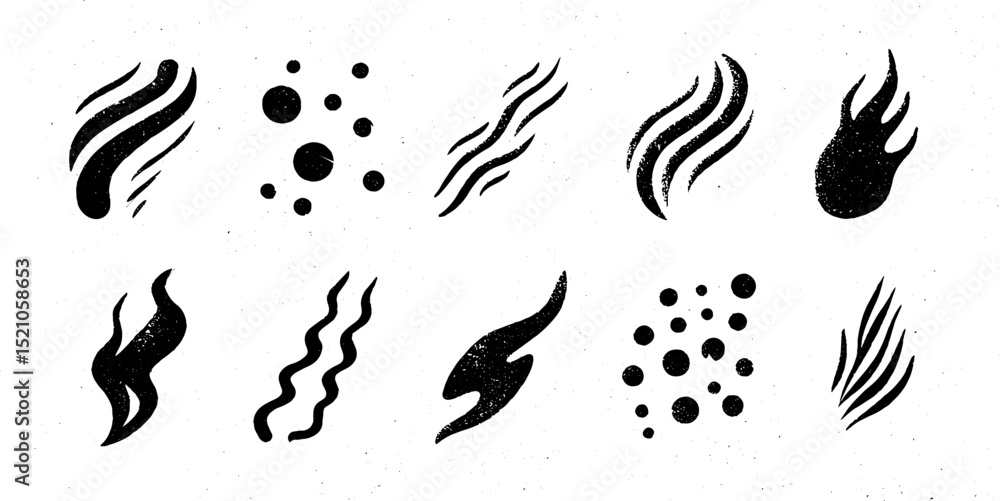 Poster abstract engraved illustration set featuring twisting dots and bubbling curves for graphic design