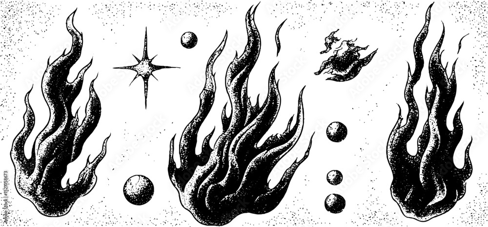 Poster engraved illustration set of twisting flames and celestial elements for design projects
