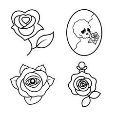 Four unique tattoo designs featuring roses and skulls, ideal for flash sheet inspiration