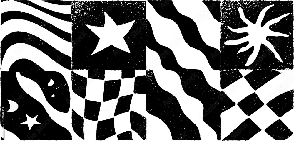 Poster abstract engraved pattern set featuring wavy lines and geometric shapes