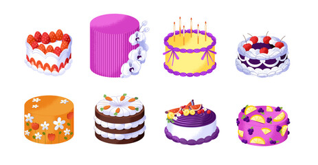 Set of birthday cakes. Decorated desserts with candles for holiday party. Sweet pastry, confectionery with cream, berries, fruit for celebration. Flat isolated vector illustrations on white background