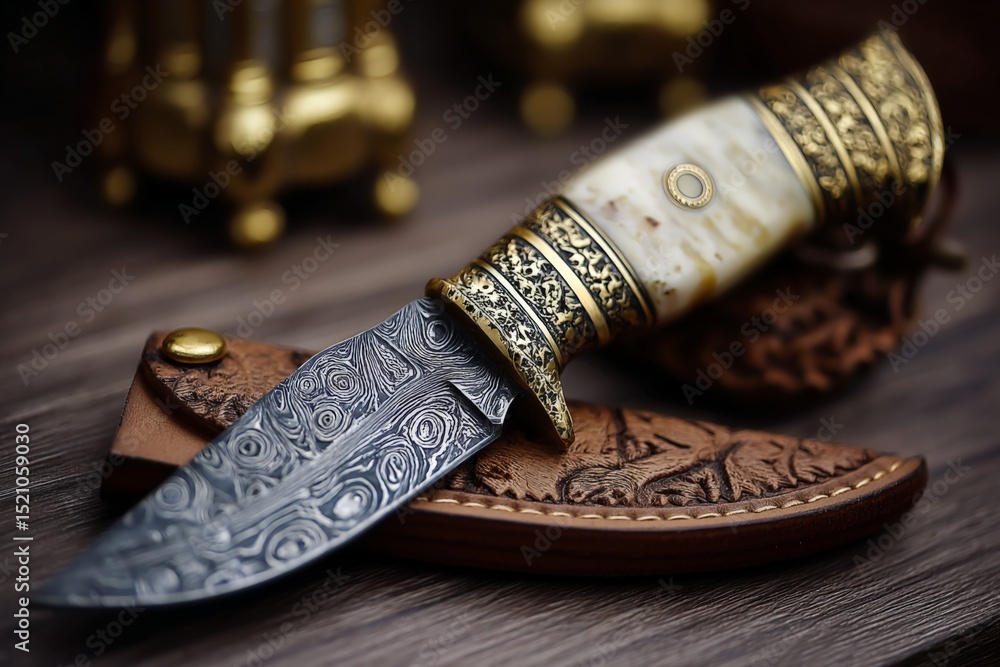 Poster Intricately designed knife with a unique handle displayed on a leather sheath