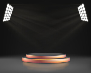 Blank round podium or pedestal with steps. Copy space for advertising and presentation on a dark background. Vector illustration