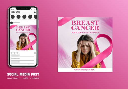 Breast Cancer Awareness Month Editable Social Media Post with Headache Woman Portrait for Female Empowerment Messaging, Campaigns and Health Promotions.
