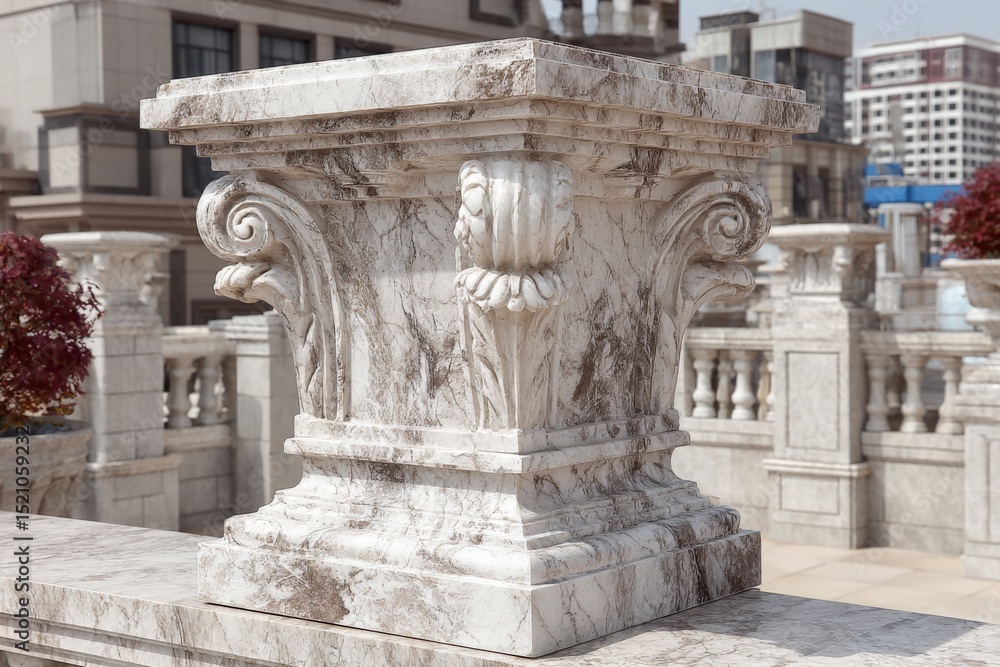 Poster detailed marble column base showcasing intricate designs in a modern city environment with greenery
