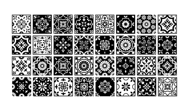 Black and White Mosaic Tiles Vector Set Mediterranean Portuguese Azulejo Traditional Ceramic Spanish or Mexican Talavera Square Ornaments for Monochrome Logo Design