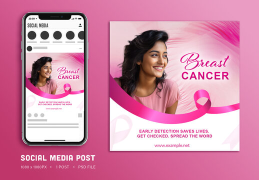 Breast Cancer Awareness Month Editable Social Media Post with Smiling Woman Portrait for Female Empowerment Messaging, Campaigns and Health Promotions.