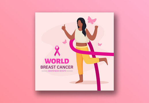 World Breast Cancer Awareness Month Editable Social Media Post with Illustration of Woman Showing Thumb Up and Pink Ribbon for Female Empowerment Messaging, Campaigns and Health Promotions.