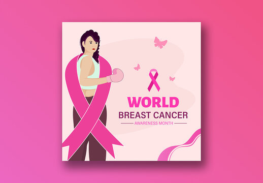 World Breast Cancer Awareness Month Editable Social Media Post with Illustration of Female Boxer and Pink Ribbon, Symbol of Strength and Survival.
