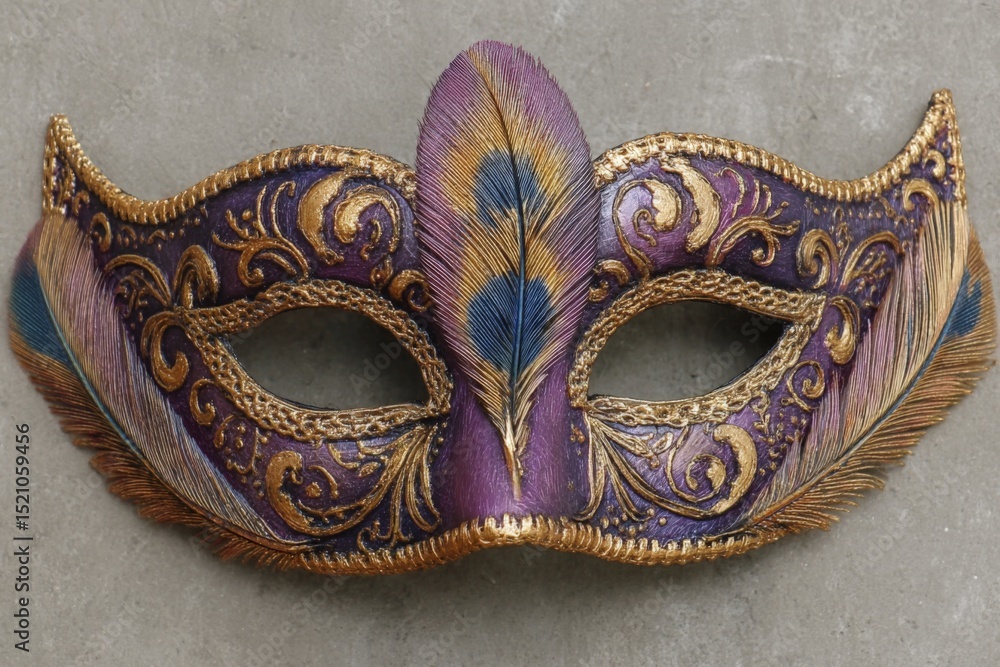 Poster colorful decorative mask with intricate designs and feathers placed on a neutral background