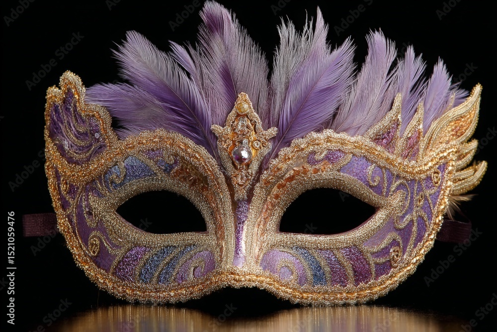 Poster Elaborate masquerade mask with feathers and intricate patterns displayed on a dark background
