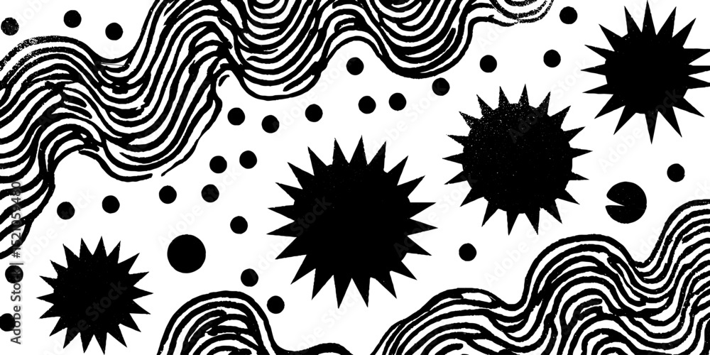 Poster abstract engraved illustration with zigzag patterns and dotted circles for creative design