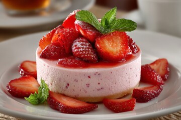 Delicious strawberry mousse dessert served with fresh berries and mint leaves in a cafe setting