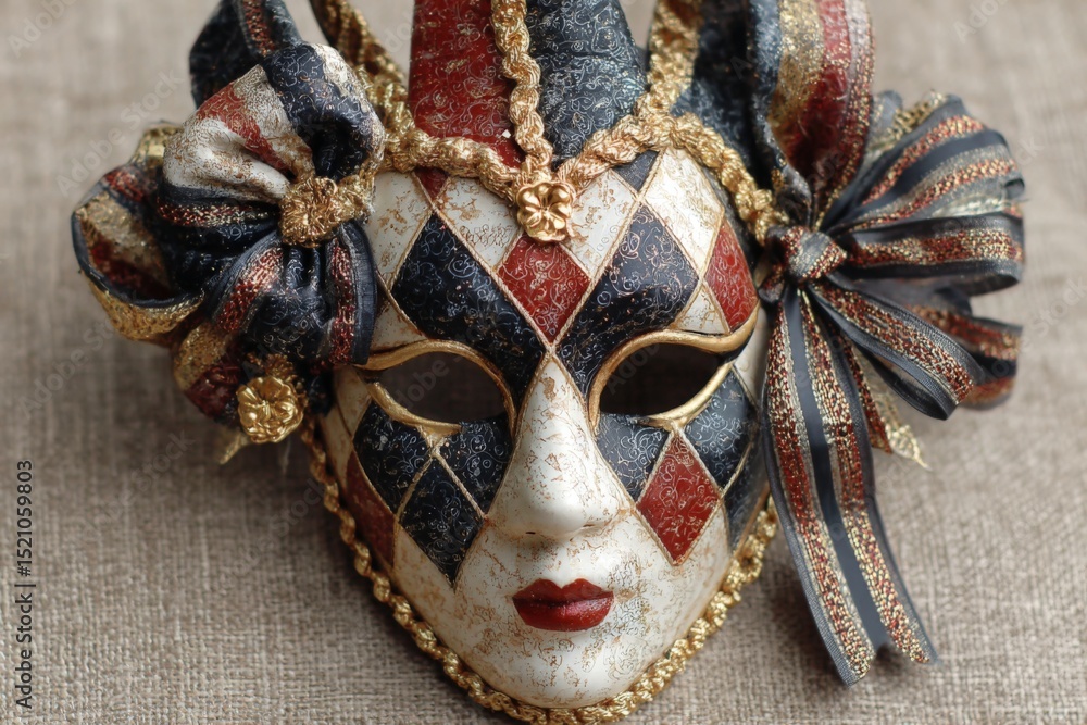 Poster Elegant carnival mask with intricate patterns and vibrant colors on display indoors