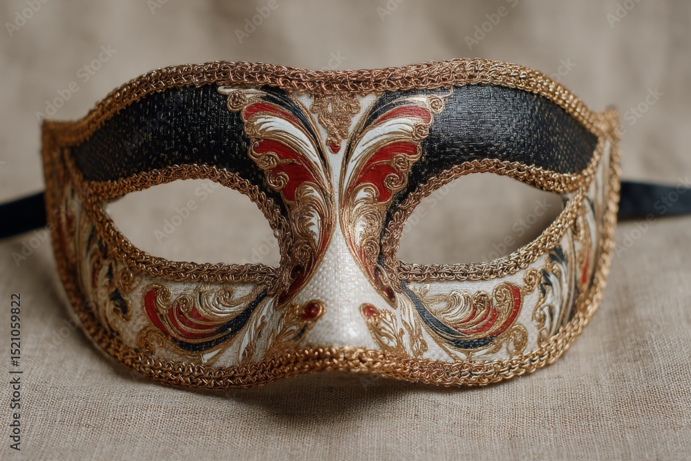 Poster Beautifully designed masquerade mask with intricate patterns and rich colors displayed on a neutral fabric background