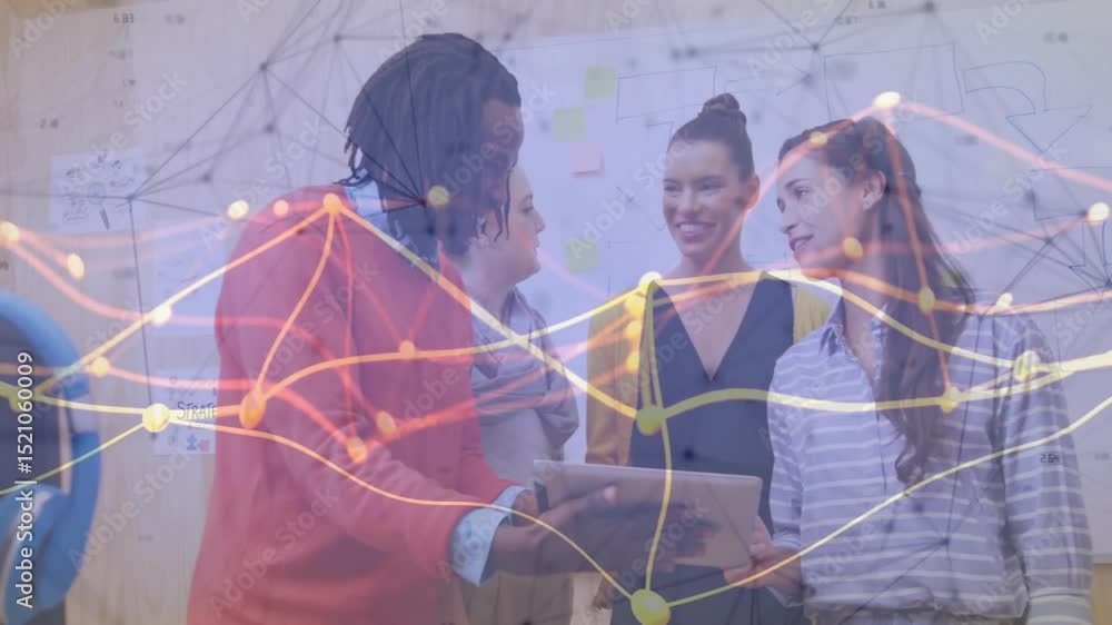 Poster man presenting tablet while three women leaning pointing with network overlay for business planning