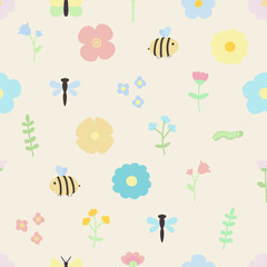 Vector seamless pattern with bees, flowers, dragonflies, butterflies. For birthday or party invitation, baby shower, fabric, textile and linen, print clothes and pajamas, gift and wrapping paper.