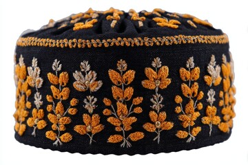 Traditional embroidered cap showcasing intricate floral patterns in vibrant yellow and white, set against a dark background