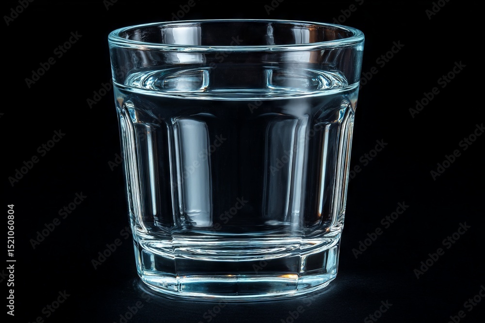 Poster clear glass filled with water placed on a dark background highlighting the transparency and reflecti