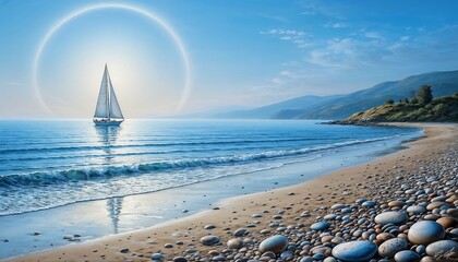 Sailing boat in calm mood on tranquil beach scenery with beautiful sunlight
