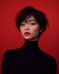 Elegant Portrait of Woman in Black on Vibrant Red Background